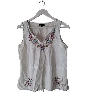 Beau Bois Peplum Tank Floral Embroidered Sleeveless Top White Womens Size L